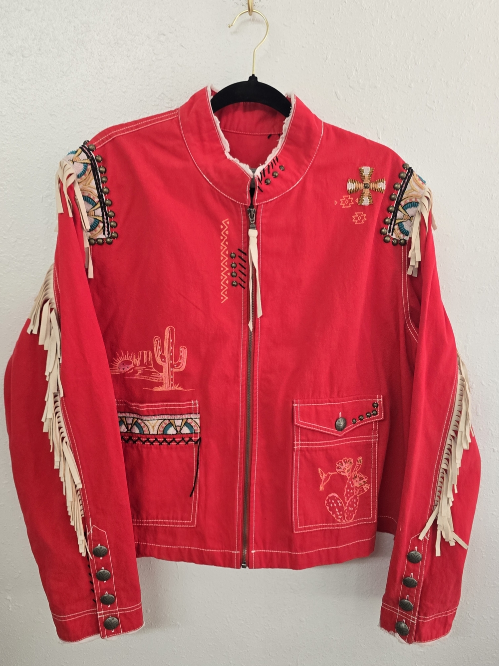Double D Ranch Red Beaded Fringe Western Pictograph Zip Jacket Size 1X - Picture 2 of 15